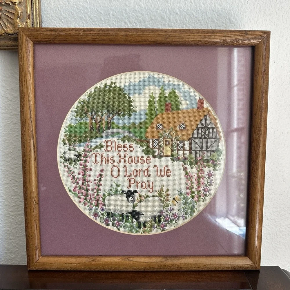 Vintage Bless This House‎ Cross Stitch Art Framed 13x13 Inch Christian Prayer